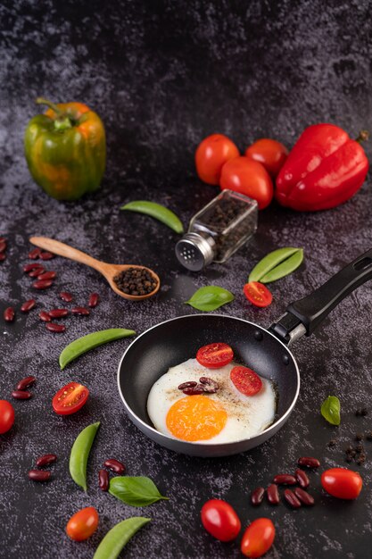 Fried egg in a frying pan.