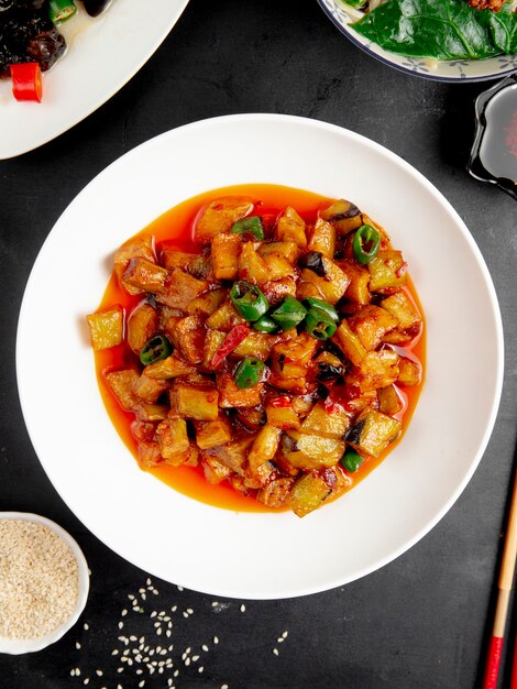  fried eggplants and potatoes with chili sauce