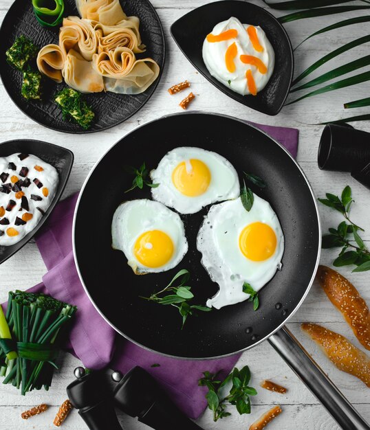 Жареные яйца глазами на сковороде