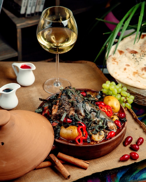 Fried meat in furnace on the table