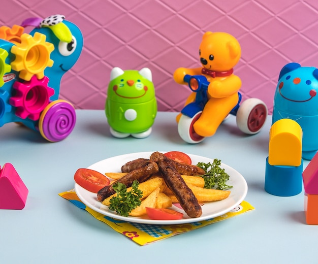 Fried meat steaks with potatoes surrounded by toys