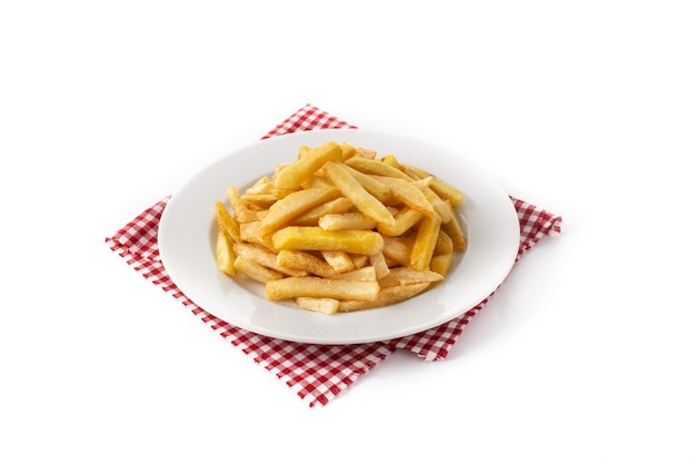 Fried potatoes french fries on plate isolated on white background