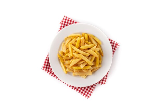 Fried potatoes french fries on plate isolated on white background