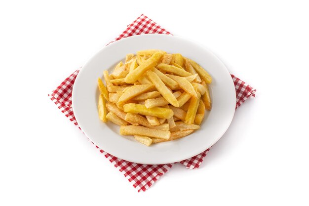 Fried potatoes french fries on plate isolated on white background