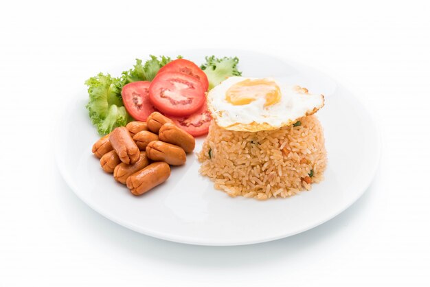 fried rice with sausage and fried egg