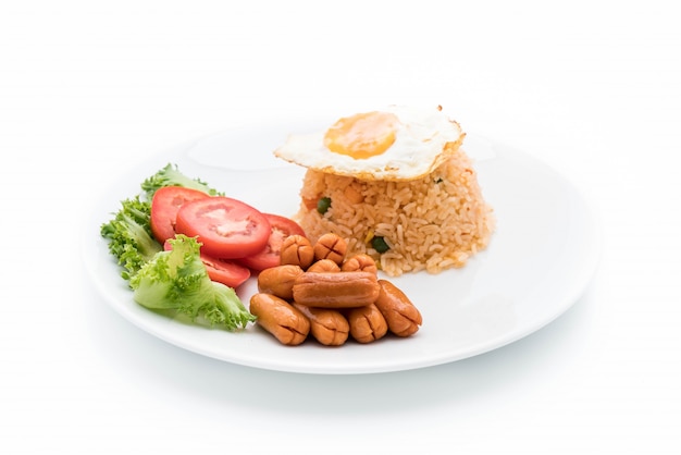 fried rice with sausage and fried egg