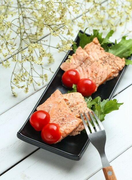 fried salmon isolated on white background