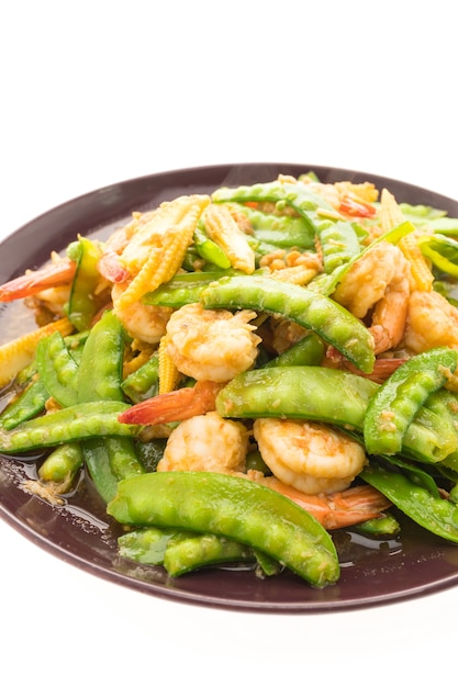 Fried vegetable with shrimp or prawn in plate