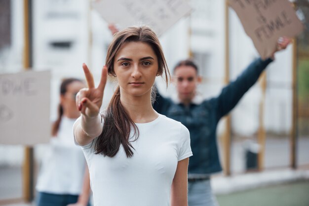 バックグラウンドでの友達。フェミニスト女性のグループは屋外での権利に抗議しています