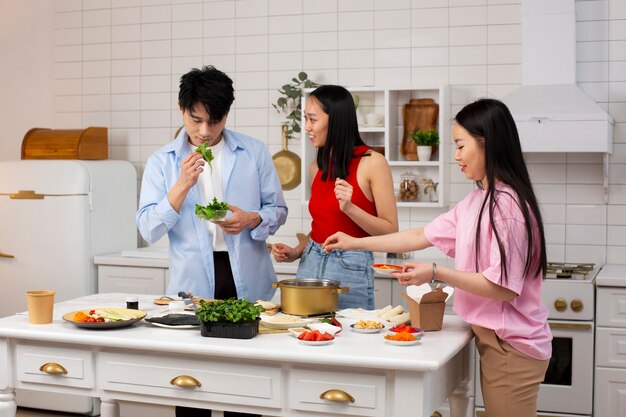 friends cooking japanese food together