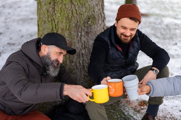 Friends going hiking in winter