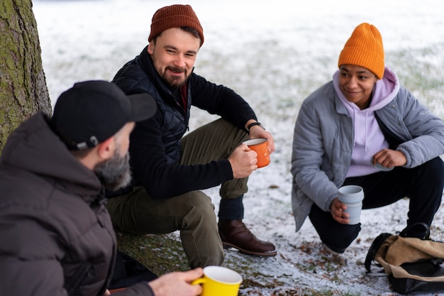 Friends going hiking in winter