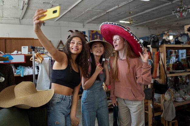 Friends going shopping in antique store