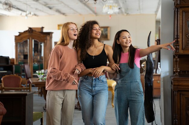 Friends going shopping in antique store