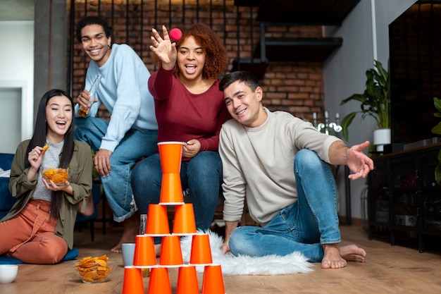 Friends having fun with traditional games