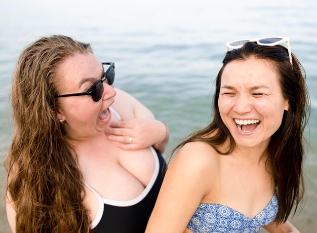 Friends laughing together high view