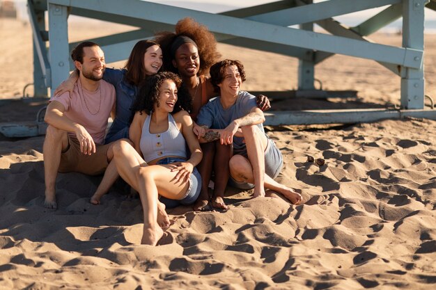 Friends near lifeguard tower