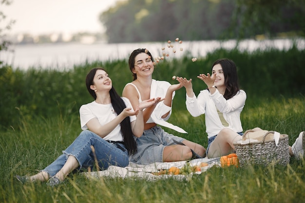 Amici seduti su un'erba. ragazze su una coperta. donna in una camicia bianca.