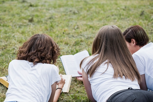 Free photo friends studying with books lying in park