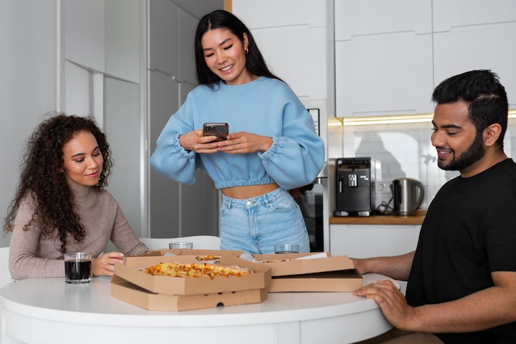 Free Photo friends taking pictures while eating pizza at home