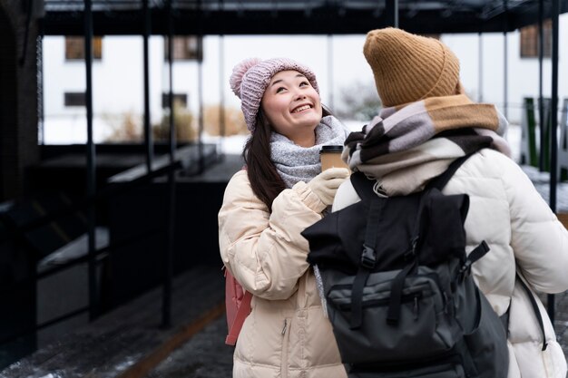 Friends traveling together in winter time