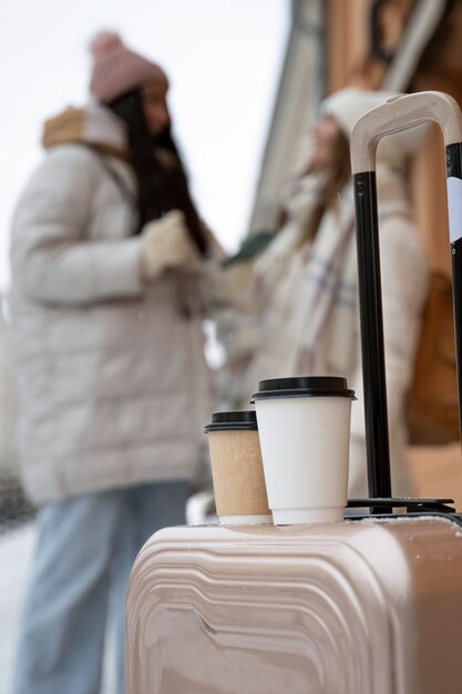 Friends traveling together in winter time