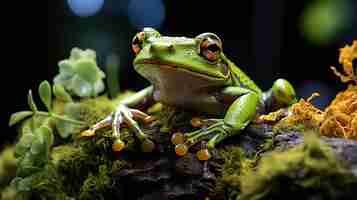 Free photo frog on a tree branch with moss and flowers in the background