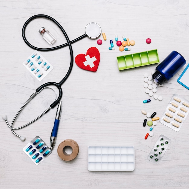 Free photo from above border from stethoscope and medications