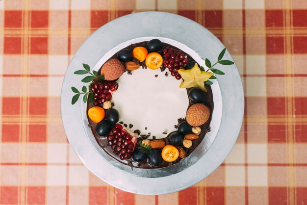 From above cake on plate