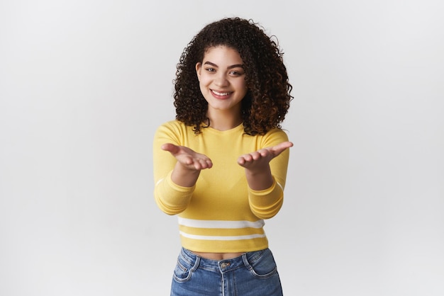 From my heart you Girl appreciate your effort giving love care boyfriend showing own feelings pointing stretched palms camera talking about someone smiling grateful white background