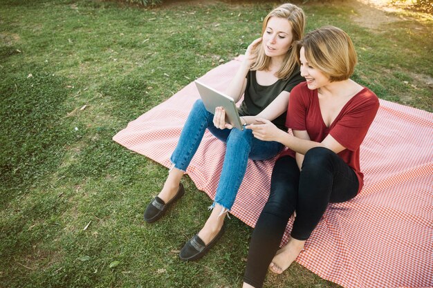 From above women using tablet on picnic