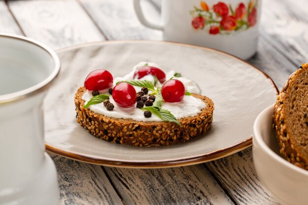 Front close view bread toasts with sour cream and dogwoods on grey