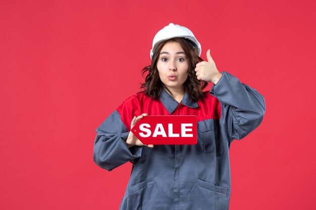 Front close view of curious female worker in uniform wearing hard hat showing sale icon and making ok gesture on isolated red wall