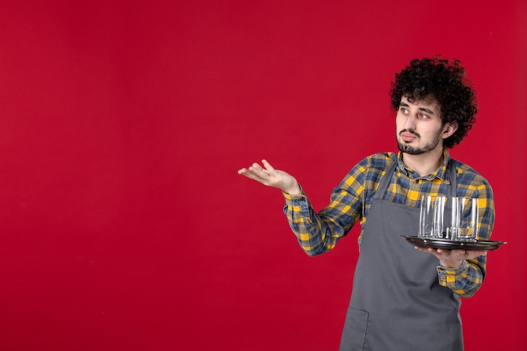 मुफ़्त फोटो front close view of curious waiter with curly hair holding tray with glasses on isolated red background