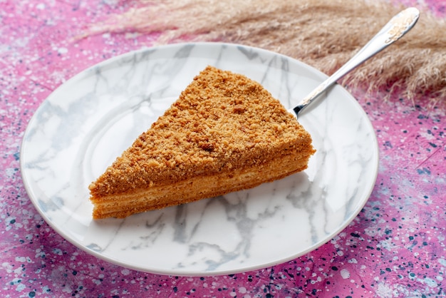 Front close view delicious round cake slice of it inside plate on bright pink desk cake pie biscuit sweet bake