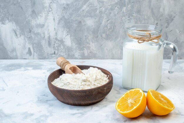 Front close view of food set for pastry cooking on white distressed background