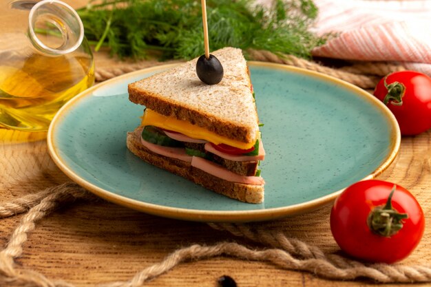 Front close view tasty sandwich with olive, ham and tomatoes inside plate along with ropes