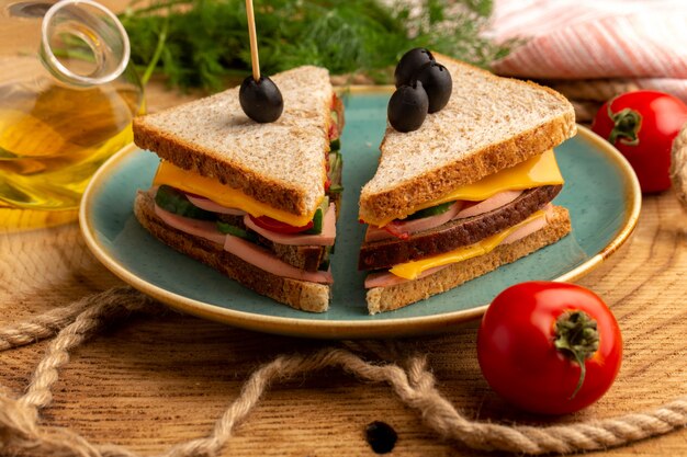 Front close view tasty sandwich with olive, ham and tomatoes inside plate along with ropes