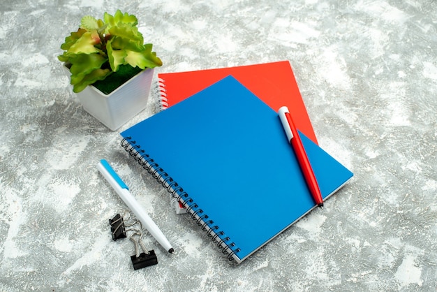 灰色の背景にペンと植木鉢と2つのカラフルな閉じたノートブックの正面の拡大図