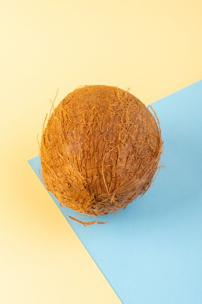 A front closed up view coconuts whole milky fresh mellow isolated on the cream-iced-blue colored background tropical exotic fruit nut