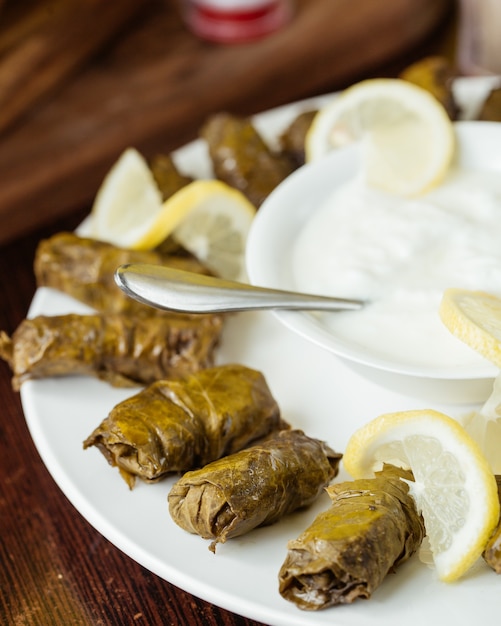 A front closed-up view dolma with yogurt and lemon slices inside plate