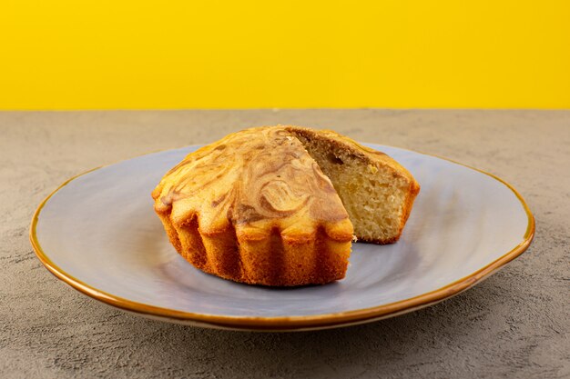 전면 폐쇄 달콤한 케이크 맛있는 맛있는 초코 케이크 파란색 접시 안에 슬라이스