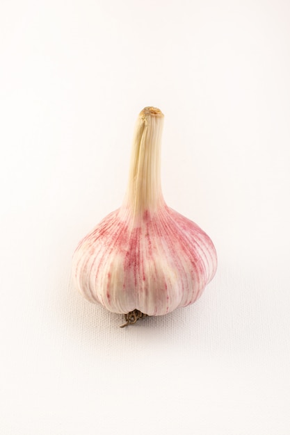 A front closed up view whole garlic ripe fresh isolated on the white