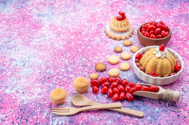 Free photo front closer view yummy plain cake with cream and fresh peanuts red dogwoods on bright light desk