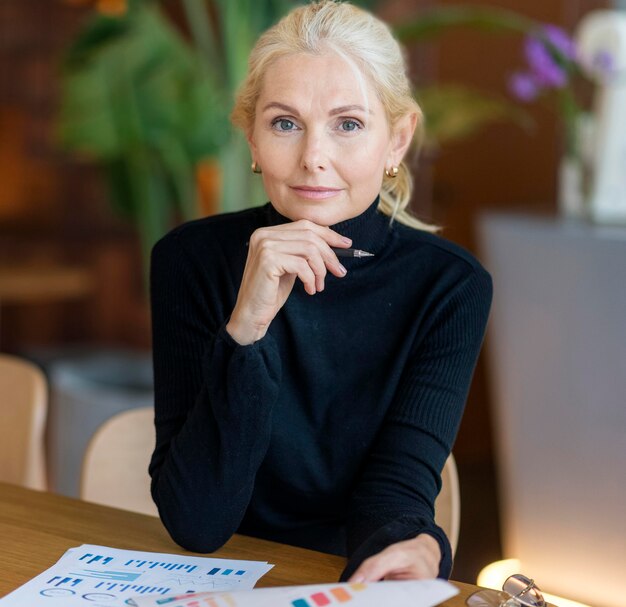 Front view of alluring older woman working with papers and pen