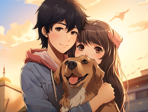 Аниме с передним видом пара обнимает собаку
