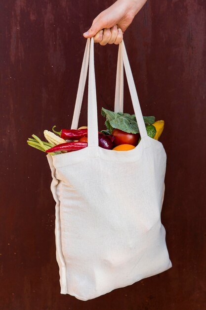 Front view arrangement of vegetables in bag