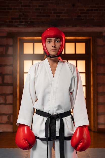 Vista anteriore ragazzo asiatico che pratica taekwondo