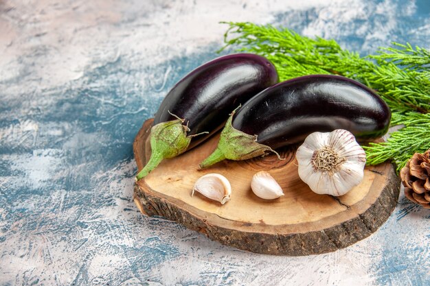 Front view aubergines on tree wood board pine tree branch on blue-white background