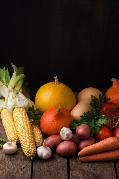 Front view autumn vegetables composition